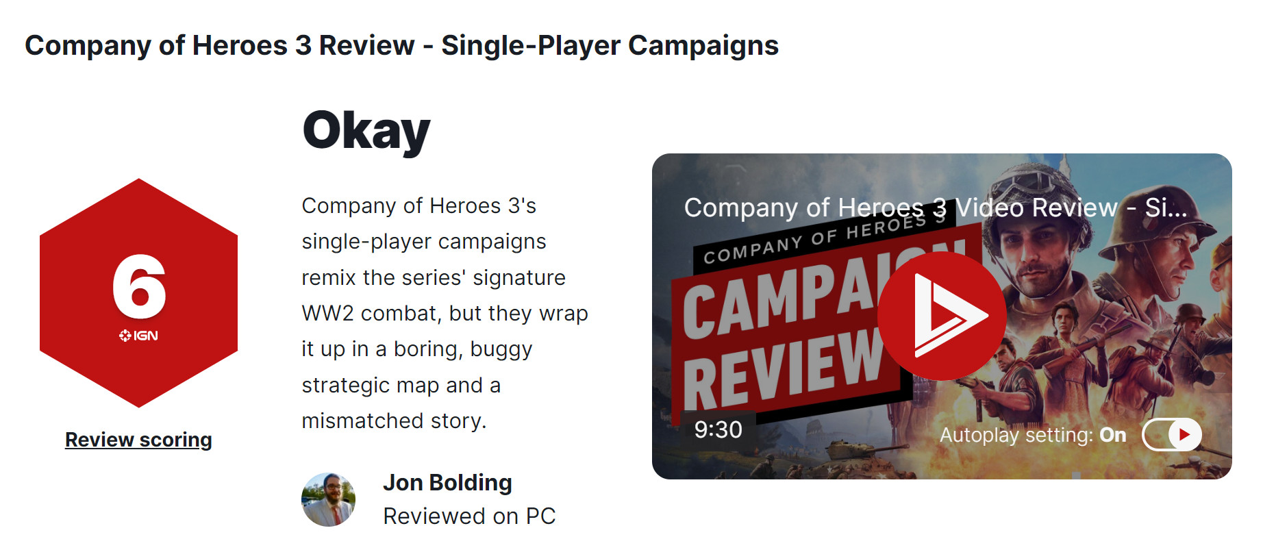 《英雄连3》媒体评分出炉 单人战役IGN 6分